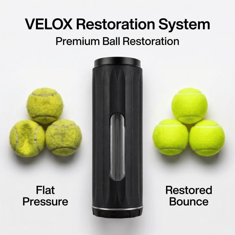 Player using Velox automatic tennis ball restorer on tennis court